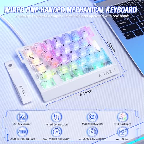 AK029 Wired 29 Keys One-Handed RGB Gaming Keyboard with 8000HZ,0.01mm RT Magnetic Switches Adjustable Actuation,Hotswappable Mechanical Keyboard,Aluminum Plate,Web Driver for Gamers-Transparent White - color: White Transparent
