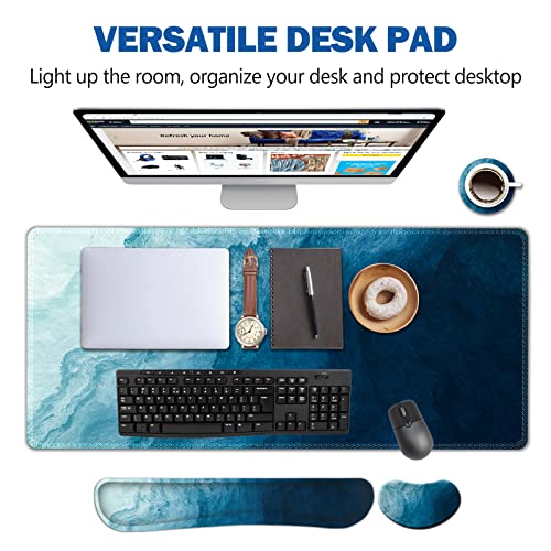 AIMSA Large Gaming Mouse Pad Set, Keyboard Wrist Rest Support + Extended Mouse Pad + Mouse Wrist Cushion + Coaster, Ergonomic Memory Foam Multifunctional Desk Mat 35x15.7inch (Dark Blue Waves) - color: Dark Blue Waves