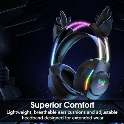Gaming Headset with Microphone, Deer Ears Headphones for PC Laptop PS4 PS5 Xbox Switch, Rainbow RGB Lighting & Virtual Surround Sound, 3.5mm Over Ear Headphones, Ergonomic - color: Black Deer Ear