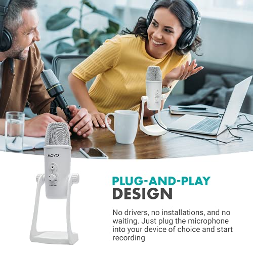 Movo UM700W White Desktop USB Microphone for Computer - Studio Mic with 4 Pickup Patterns - USB Gaming Microphone for PC, Mac, and Android - Best Mic for Podcast Recording and Streaming Setup