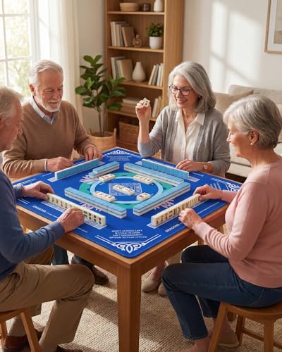Mahjong Mat for Table, 32.4×32.4 Non-Slip Rubber Mahjong Mats with 2026 Mahjong Card, Neoprene Mah Jong Mat with Carrying Bag for Poker, Board Games,Dominoes,Cards & Tile Games - color: Blue