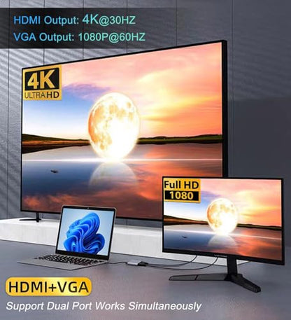 VIENON USB C to HDMI VGA Adapter for Dual Monitor, 4 in 1 USB C Hub with 4K HDMI, 1080P VGA, USB 3.0 5Gbps, 100W PD Compatible for MacBook Air/Pro, Dell XPS, Surface, iMac More - style: 4-in-1
