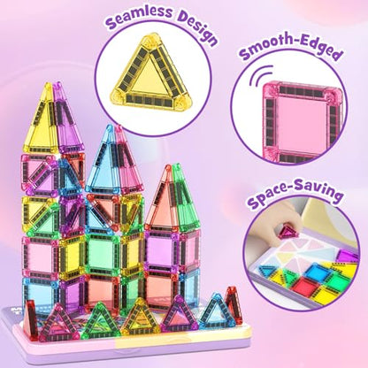 42PCS Magnetic Tiles Travel Storage Mini STEM Blocks Iron Box 3-8 | Portable Montessori educational magnetic building tiles for airplane, car rides & on-the-go creative play, durable and fun - size: 42 Pieces