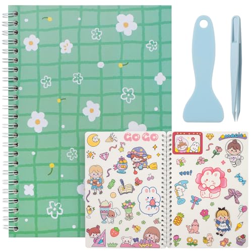 SUNEZLGO Reusable Sticker Book - 60 Sheets, Collecting Album, Organizer, Blank Book for Adults & Children, Keeper with Tweezer & Spatula, A5 - color: Green