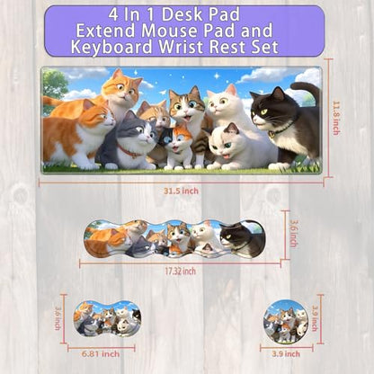 Large Gaming Mouse Pad Set with Wrist Support – 31.5" x 11.8" 4-in-1 XXL Mousepad with Keyboard Wrist Rest, Mouse Wrist Rest & Coaster – Ergonomic Desk Mat for Office, Home – Cat Family - color: Cat Family