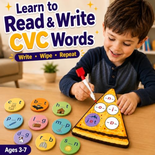 CVC Words on Pepperoni - Learn to Read & Write, Magnetic Phonics Games | Preschool Kindergarten Learning, Write-Wipe Activity, Classroom & Homeschool Supplies, Speech Therapy Ages 3+ - size: CVC Word Game