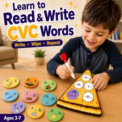 CVC Words on Pepperoni - Learn to Read & Write, Magnetic Phonics Games | Preschool Kindergarten Learning, Write-Wipe Activity, Classroom & Homeschool Supplies, Speech Therapy Ages 3+ - size: CVC Word Game