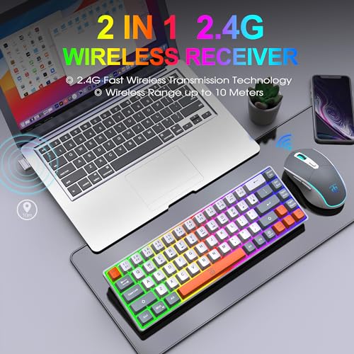Snpurdiri 60% Wireless Gaming Keyboard and Mouse Combo,Rainbow Backlit Rechargeable 2000mAh Battery,Mini Mechanical Feel Keyboard +Popular RGB Mice for Gaming,Business Office(Gray-White-Orange) - color: White Gray Orange Combo