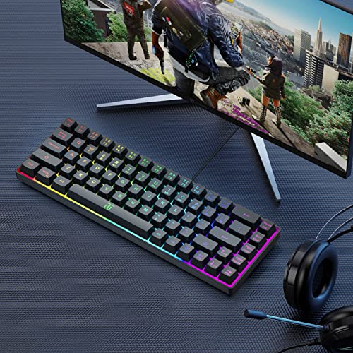 Snpurdiri 60% Wired Gaming Keyboard, 68 Keys, Black | Rainbow Backlit Mini Membrane Gaming Keyboard for Windows PC Gamers - color: Black(Rainbow)