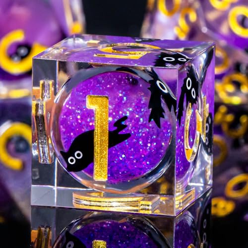 Roycevon Resin DND Dice Set with Gift Box, 7Pcs Liquid Core Cat D&D Dice, Cute Dungeons Dragons D and D Dice, Sharp Edge Role Playing Game Dice D20 D12 D10 D8 D6 D4, Purple - color: Purple