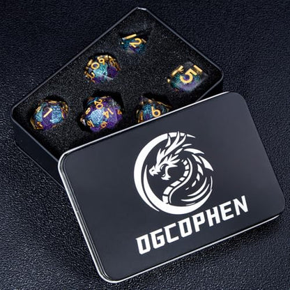 DND Cat Dice 7PCS Polyhedral Sharp Edge Dice Set with Gift Case for Dungeons Dragons Role Playing Game, RPG Resin D and D Dice D6 D8 D10 D12 D20 D% (Gold Purple) - color: Cat2-gold Purple