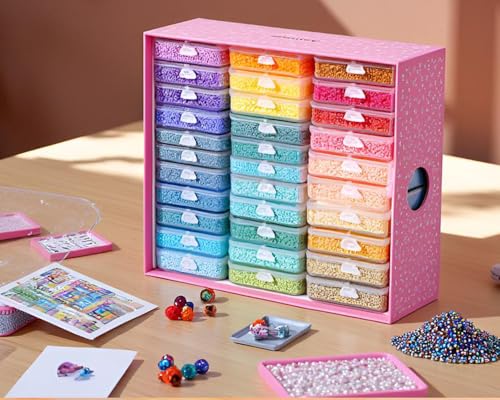 30PCS Diamond Painting Storage Containers Trays with Lids | Diamond Art Beads Storage & Line-Up Trays, Diamond Art Accessories Tools, Diamond Painting Dots Organizer, Pink Box Package