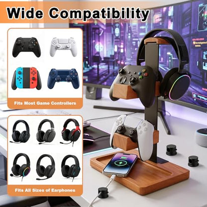 Headset Stand with Dual Controller Holder, Solid Wood Headphone Stand with Storage Base, Gaming Equipment Accessories for Desk, Controller Holder for Gamers