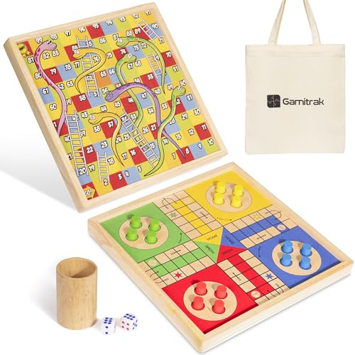 12 Inch Wooden Ludo Board Game & Snakes and Ladders 2-in-1 Reversible Classic Board Game for Kids and Adults, Includes 1 Parcheesi Board, 2 Dice, 1 Cup, 16 Tokens, Rules, Pouch & Carrying Bag