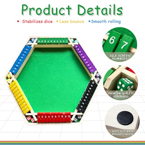 Shut The Box – Colorful Wooden Board Game for 6 Players with 12 Dice, Educational Math & Number Fun for Kids, Adults, Family, Party Game (Instructions Included)