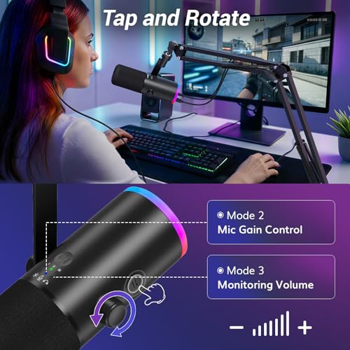 TONOR Dynamic Gaming Microphone, XLR/USB Microphone for Content Creators with AI Noise Cancellation, RGB, Tap Mute, Gain Control, Microfono with Boom Arm for Streaming, Black, TD510 AIR S H+
