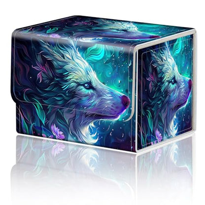 Magnetic Closure TCG Deck Box Portable Card Holder Trading Card Deck Box | PU Leather Collectible Card Case Game Trading Card Deck Box Storage Scratch Resistant Lining, Blue And Purple Glowing Wolf - color: Blue And Purple Glowing Wolf