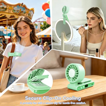 Handheld Portable Turbo Fan with Ice Cooling,5 Speed Rechargeable LED Display Foldable Hand Held Personal Clip/Neck/Waist Fan,180°& 360° Adjustable,Pocket Mini Fan for Outdoor/Home/Office (Green) - color: Green