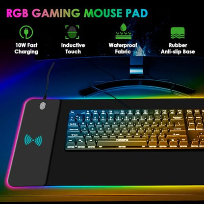 RGB Gaming Mouse Pad with Wireless Charging 15W, 14 Lights Touch Button LED Mouse Mat Extra Large Mousepad Non-Slip Rubber Base Waterproof Computer Keyboard Mat for Gaming, PC, Laptop, 800x300x4MM