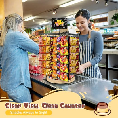 Chip Rack Display Stand, 6-Side 5-Tiers Chip Holder Display with 80 Adjustable Clips, Wooden Base Countertop Snack Organizer for Concession Stand, Parties - With Message Board & Pen - size: Fixed use