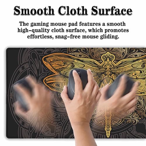 Gaming Desk Mats Gold, Desk Mouse Pad Extra Large Mouse Pads, Pad for Mouse Non-Slip Rubber Base Waterproof with Stitched Edges, 35.4 X 15.7 inch for Work/Game/Office/Home Dragonfly Mandala - color: Dragonfly Mandala