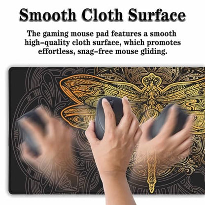 Gaming Desk Mats Gold, Desk Mouse Pad Extra Large Mouse Pads, Pad for Mouse Non-Slip Rubber Base Waterproof with Stitched Edges, 35.4 X 15.7 inch for Work/Game/Office/Home Dragonfly Mandala - color: Dragonfly Mandala