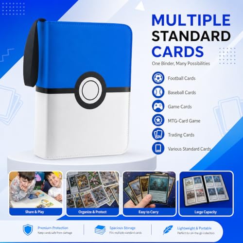 Card Binder 4 Pocket, Trading Card Holder Album Book, 50 Removable Sleeves Hold 400 Cards, PU Leather Zipper Portable Game Collection Card Case Ideal Gift (Blue) - color: Blue, size: Medium