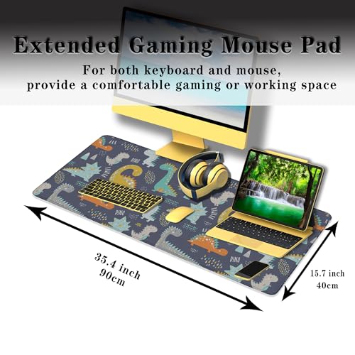 Computer Desk Mat Yellow, Gaming Mouse Pads Desk Mouse Pad, Desktop Computer Mat Non-Slip Rubber Base Waterproof with Stitched Edges, 35.4 X 15.7 inch for Work/Game/Office/Home Dinosaur - color: Dinosaur