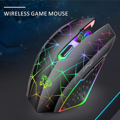 TENMOS V7 Wireless Gaming Mouse,Rechargeable LED Wireless Mice Silent-Black | 2.4GHz Optical, Quiet Click, Rainbow LED Light, Nano Receiver, 2400DPI, Ergonomic, Side Button, Cordless,for Laptop/PC/Mac