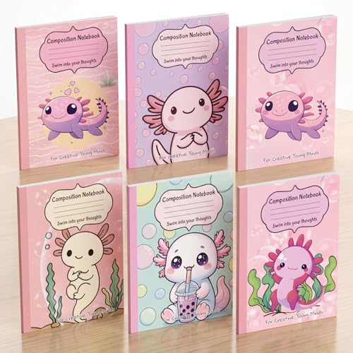 Glenmal 6 Pcs Composition Notebook Wide Ruled Paper Cute Axolotl Assorted Composition Notebook 110 Page 7-1/2"x9-1/4 Journal Gift for Back to School First Day of School Student Teacher Axolotl Lover - style: Axolotl