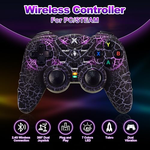 NBCP Wireless Controller for PC,Light-Up Gamepad,Black Crack Custom Design with RGB LED Lights,Turbo,Luminous Mode,Compatible with Windows 7/8/10/11 & Steam - color: Black Crack for PC Wireless