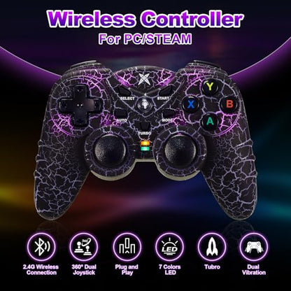 NBCP Wireless Controller for PC,Light-Up Gamepad,Black Crack Custom Design with RGB LED Lights,Turbo,Luminous Mode,Compatible with Windows 7/8/10/11 & Steam - color: Black Crack for PC Wireless