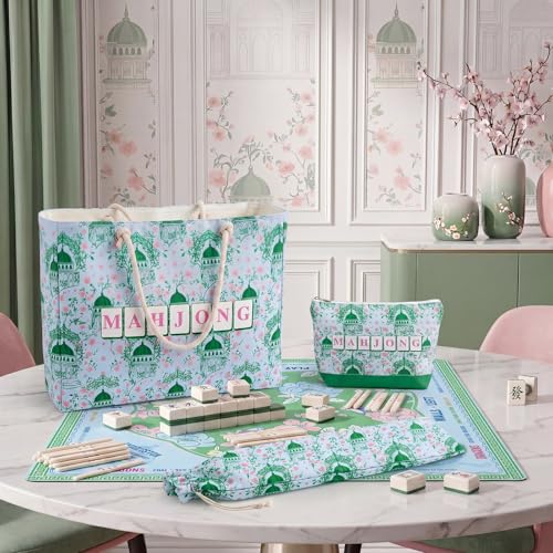 Soulchen 3 Pcs Empty Mahjong Bag Set American Mahjong Buckled and Zippered Carrying Bag with Handle, Tile case and Drawstring Protective Sleeve for Rack Game Accessories Gift Travel(Chinoiserie) - style: Chinoiserie