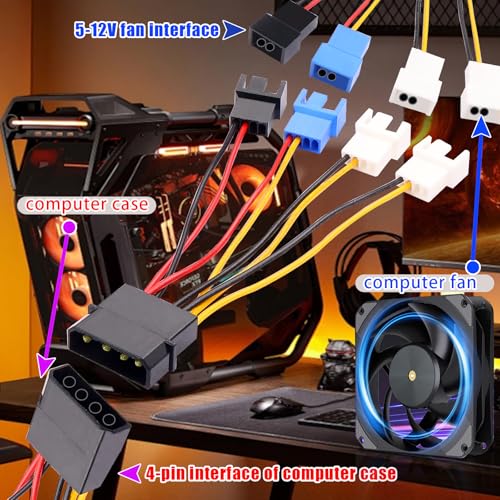 2Pcs Large 4-pin to Small 4/3-pin Fan Speed Control Cable, 1-to-4 Splitter, 3-Speed Settings (12V/7V/5V), Computer case Fan Power Splitter (22AWG, 12cm)