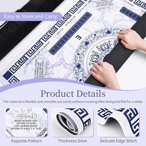 Blue Mahjong Mat for Table 31.5" x 31.5", Neoprene American Mahjong Table Mat with Rules Print, Non Slip Waterproof Mahjong Mat with Carry Bag for Mahjong, Poker & Board Games