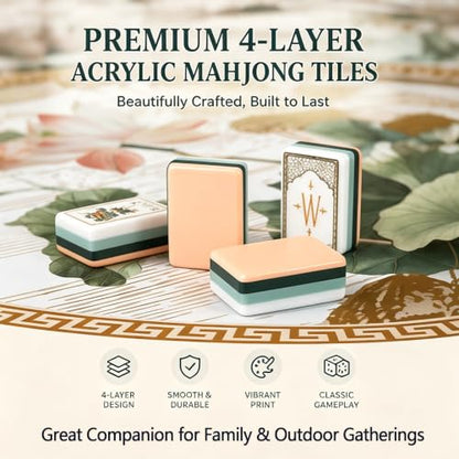 Mahjong Tile Set, 4-Layer American Mahjong Tiles with 50 Chips,3 Dice & Blue Printed Carrying Bag Case, 160 Pcs Mahjong Sets with Acrylic Engraving for Home, Travel & Game Nights - color: Brown