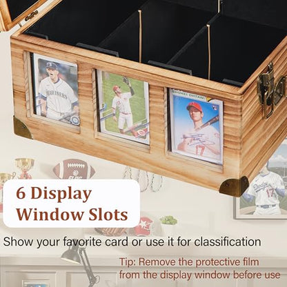 Poyilooo Classic Brown Wooden Graded Card Storage Box with Display Window, Holds 140+ Cards, 14.2 x 11.3 x 6.5 inches, Sports Card Case - color: Brown