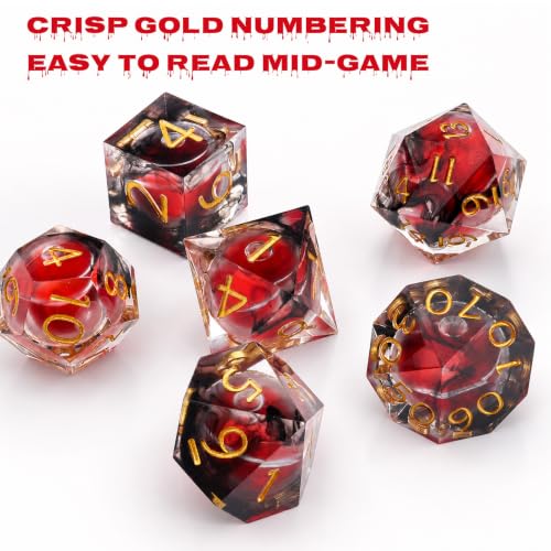 Haxtec Sharp Edge DND Dice Set, Liquid Core Resin Polyhedral RPG Dice | Black Swirls D&D Dice, Compatible with Dungeons and Dragons, Red Blood Liquid, Handmade 7-Die with Metal Case, MTG Gifts - color: Blood & Black