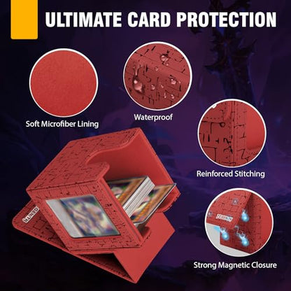 MTG Commander Deck Box with Display Window, Magnetic Closure Card Case Holds 100+ Double-Sleeved Cards, PU Leather TCG Storage Box Compatible with PTCG, Sports & Trading Cards (Red) - color: Wine