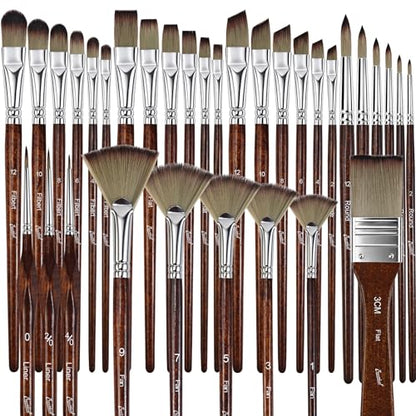 Bougimal 33 Pcs Paint Brush Set, No-Shedding Artist Paint Brushes | Paint Brush Kit with Flat Round Filbert Fan Angle Detail Brush for Acrylic, Oil, Watercolor, for Artists & Beginners (Tawny) - color: Tawny