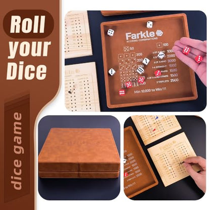 Farkle Dice Tray and Storage Case - Includes Embedded Scoring Combinations, 4 Sets of 6 Pearl Dice, 50 Sheet Score, 2 Scoreboards, 12 Scoring Sticks, and a Pen for The Classic Family Games (Brown)