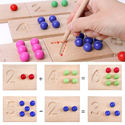 Wooden Number Tracing Board Set, Toddler Montessori Math Beads Counting Toy, Preschool Learning and Educational Math Game for Kids