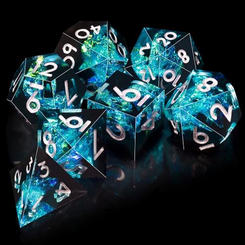 AUSTOR 7-Die DND Dice Set Handmade Sharp Edge Polyhedral Dice for Dungeons and Dragons D&D RPG MTG Table Games（Black&Blue,Silver） - color: Black&blue,silver