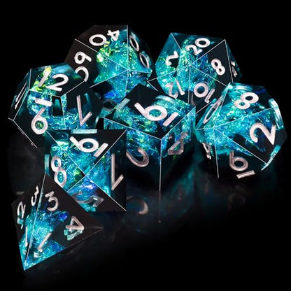 AUSTOR 7-Die DND Dice Set Handmade Sharp Edge Polyhedral Dice for Dungeons and Dragons D&D RPG MTG Table Games（Black&Blue,Silver） - color: Black&blue,silver