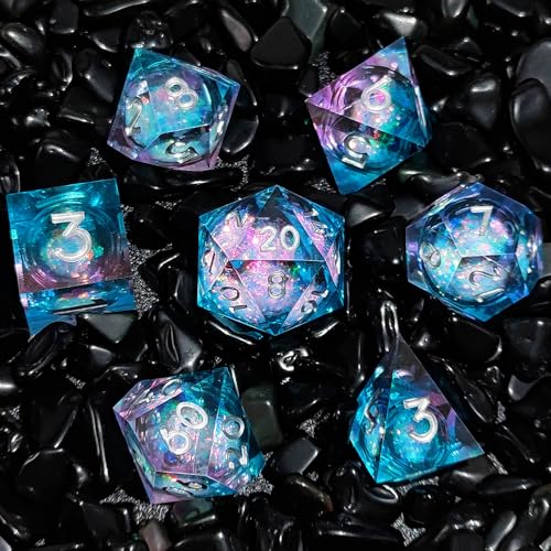 Liquid Core DND Dice Set, 7 Pcs Resin Sharp Edge Polyhedral Dice Quicksand D&D Dice for Dungeons and Dragons RPG Role Playing Table Games