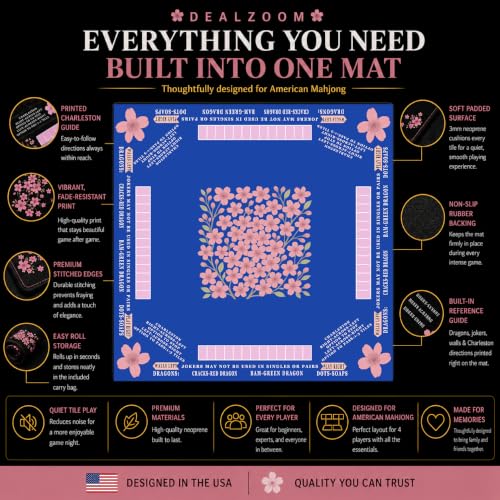 American Mahjong Mat with Rules Printed (33x33, 2.5mm Thick, Cherry Blossom Blue) Mahjong Mat for Table w/Bag, Crease-Proof Waterproof Non-Slip, Soft Mahjong Table Mat, Noise Reduction - color: Cherry Blossom Blue Mat