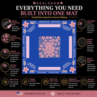 American Mahjong Mat with Rules Printed (33x33, 2.5mm Thick, Cherry Blossom Blue) Mahjong Mat for Table w/Bag, Crease-Proof Waterproof Non-Slip, Soft Mahjong Table Mat, Noise Reduction - color: Cherry Blossom Blue Mat