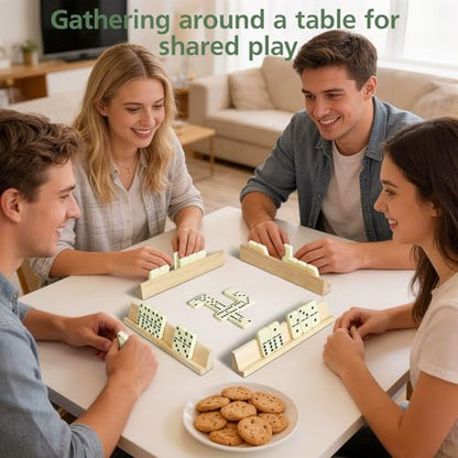 Dominos Set for Adults with 4 Wooden Racks,Double 6 Dominoes Set with Portable Case, 28 Standard Domino Tiles for Family Board Games