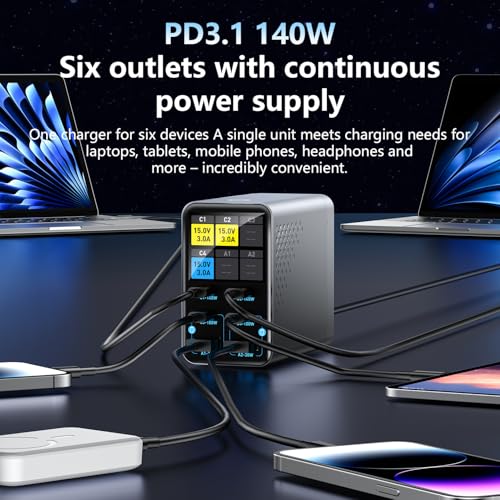 140W 6-Port GaN USB C Charging Station with LCD Smart Display, Desktop Fast Charger for Multiple Devices, Compatible with MacBook, iPhone, iPad, Galaxy, Home Office,Gaming Accessories