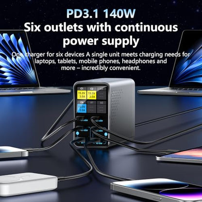 140W 6-Port GaN USB C Charging Station with LCD Smart Display, Desktop Fast Charger for Multiple Devices, Compatible with MacBook, iPhone, iPad, Galaxy, Home Office,Gaming Accessories